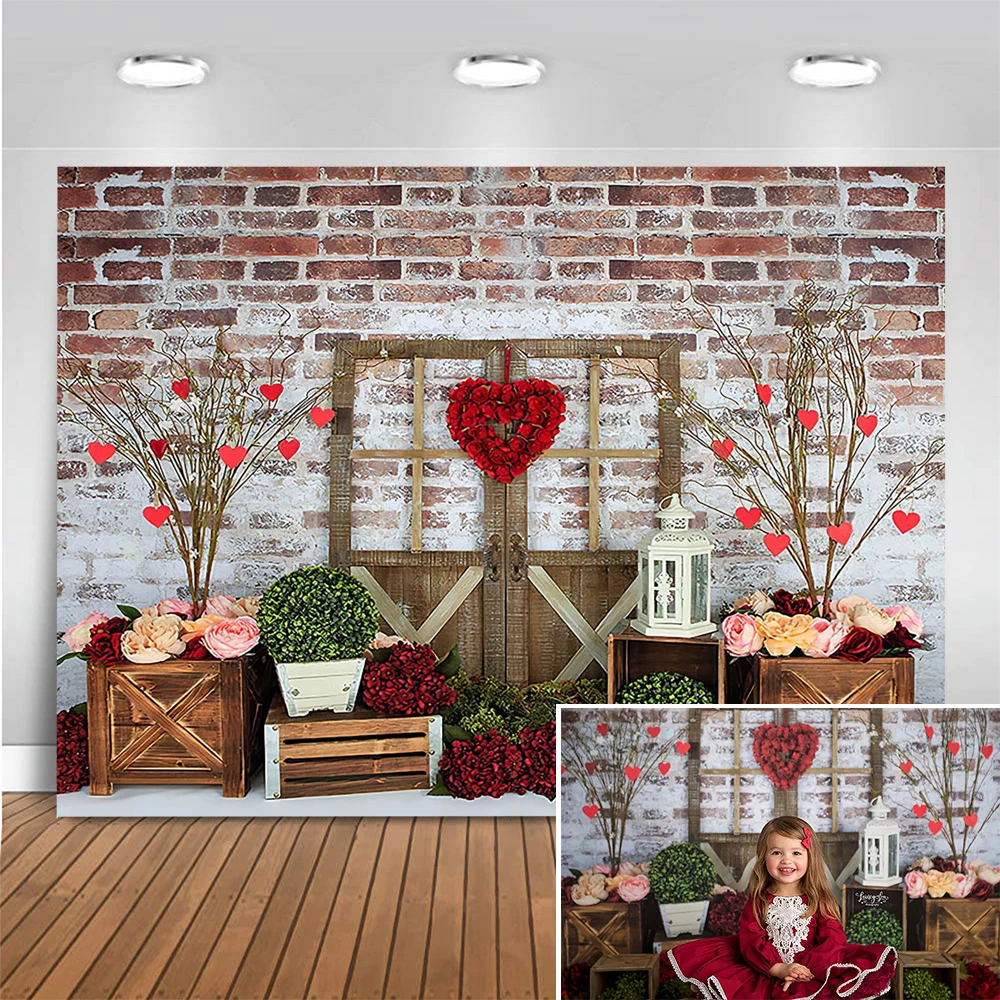 

Mocsicka Valentine's Day Photography Background Rose Trees Brick Wall Wood Door Dating Lovers Party Theme Backdrop Photo Studio