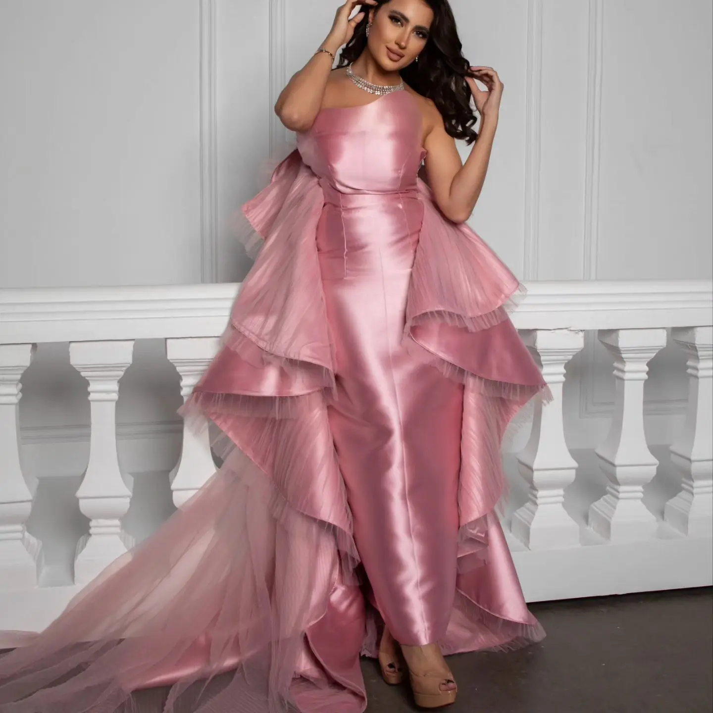 Elegant Rose Pink Long Sheath Satin Formal Event Dresses With Detachable Layered Train Modest Prom Gowns