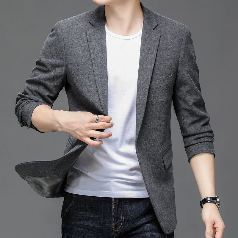 

Simple Timeless Style Men Gray Blazers Back Split Design Jacket Slim Fitting Suit Male Office Outfits Spring Autumn Clothings