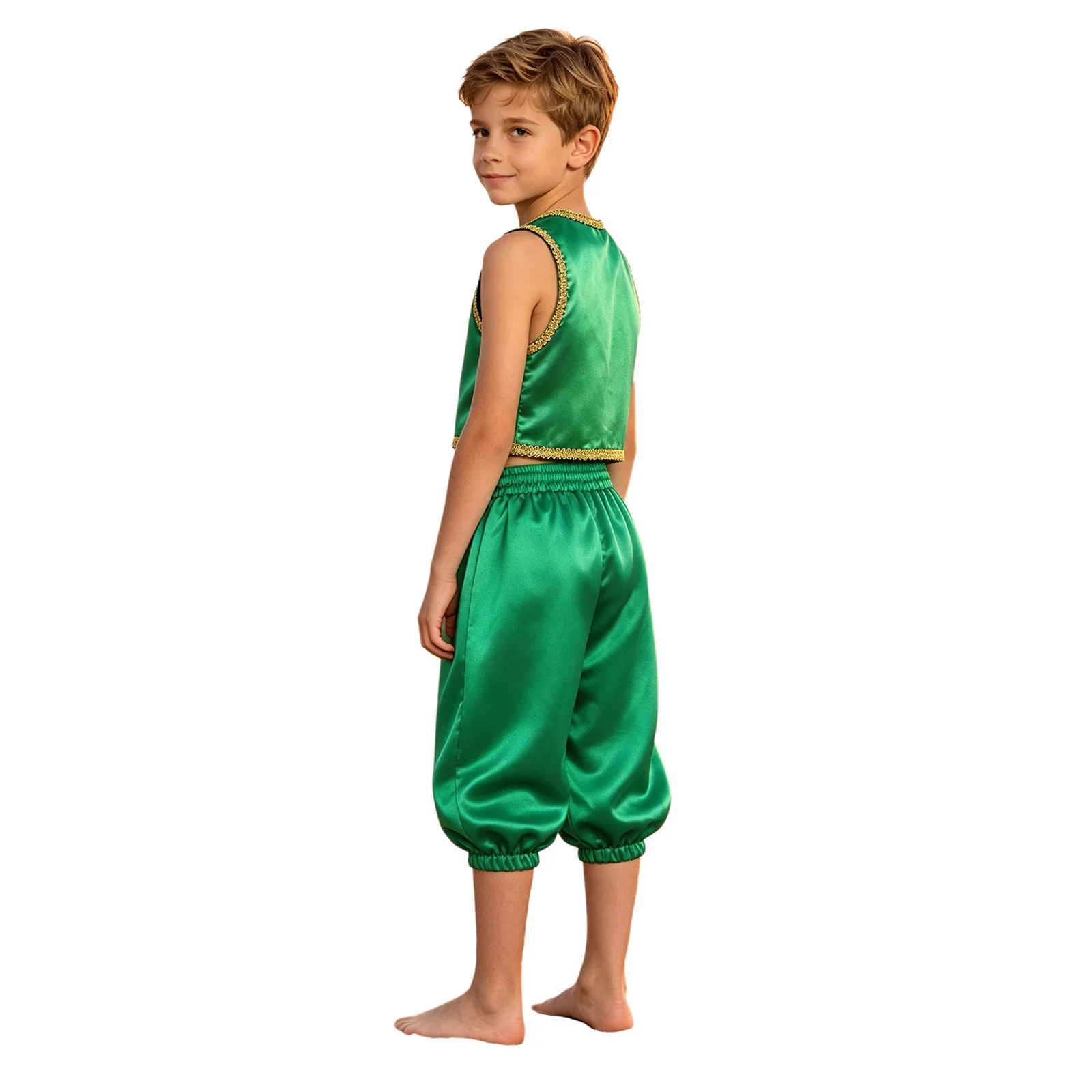 Kids Boys Arabian Prince Cosplay Costume Halloween Fairy Tale Dress Up Outfit Open Front Golden Braided Trim Vest+Capri Pants