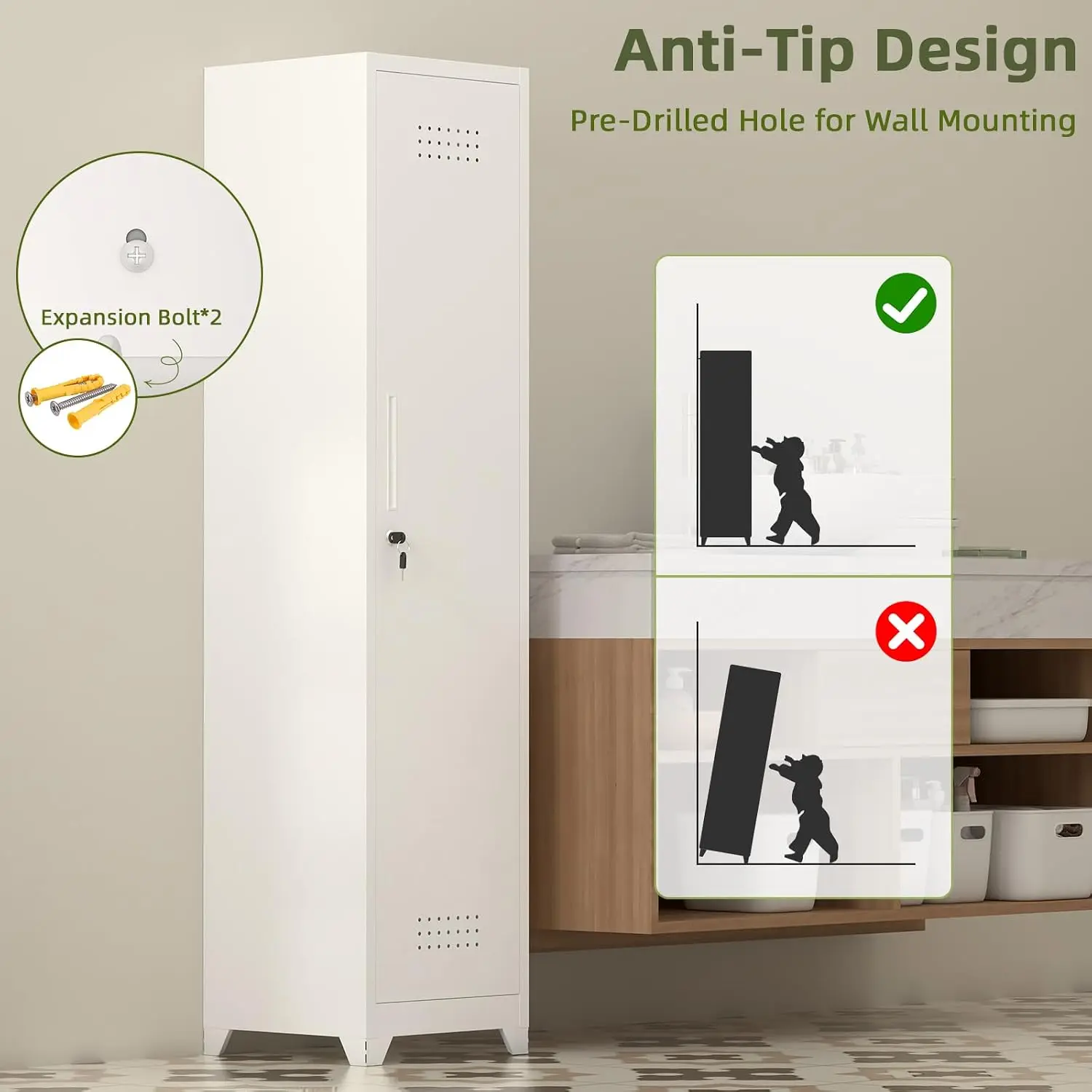 Slim Broom Storage Cabinets, Metal Cabinet with Shelves and Hanging Rod, 15.75
