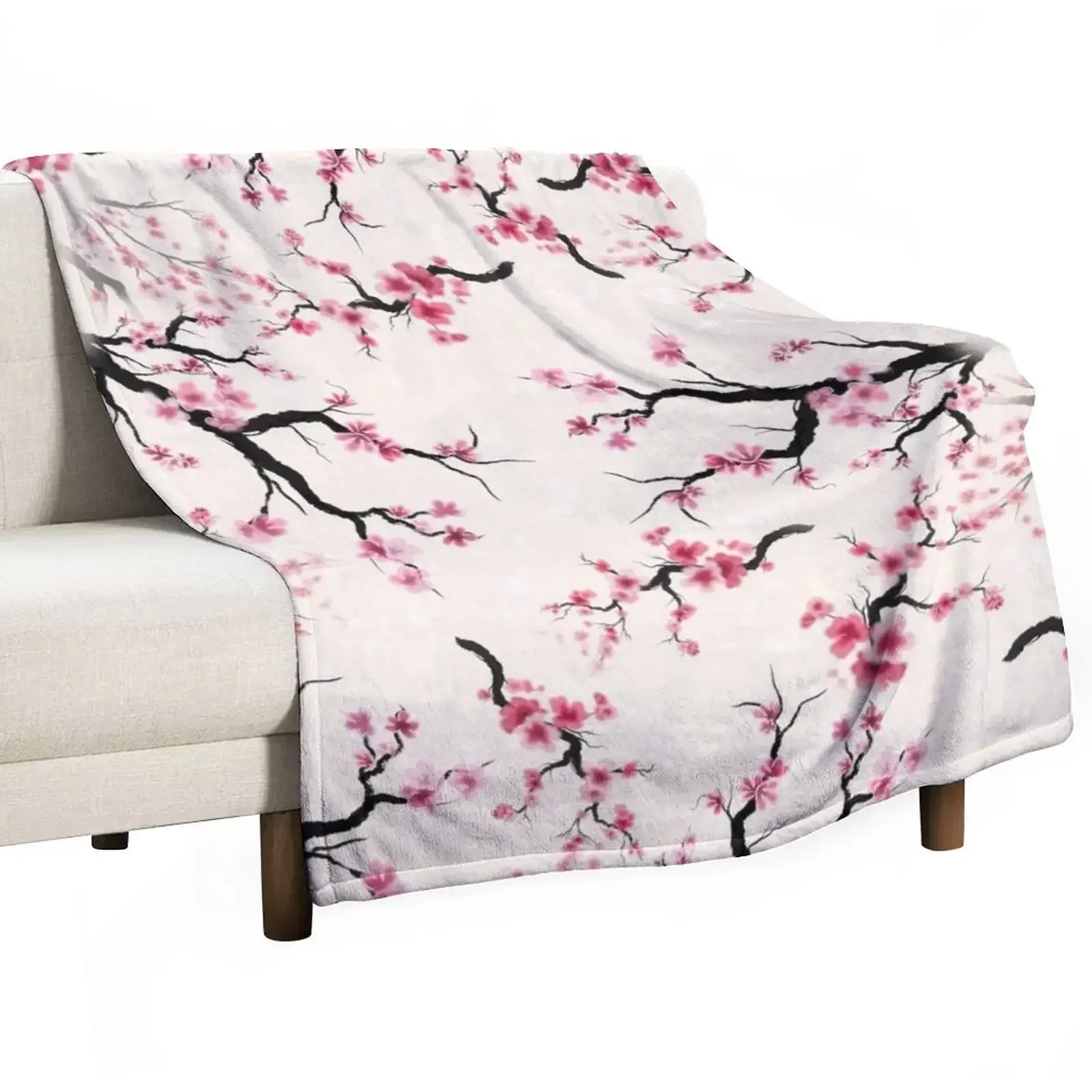 

Watercolor sumie hanami sakura cherry blossoms pattern Throw Blanket Soft Plush Plaid Beautifuls Blankets