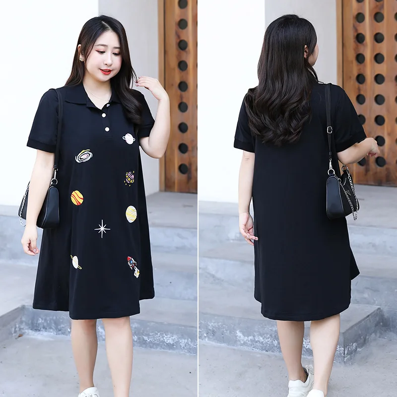 150KG Summer Fashion Women Polo Collar Dress High Quality Astronaut Planet Cartoon Embroidery Loose Casual Cotton Knitted Frocks