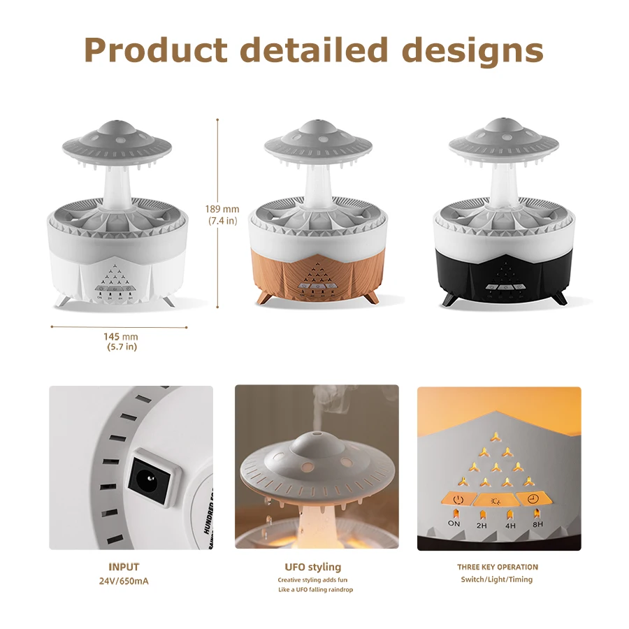 2025 UFO قطرة المطر ناشر رائحة البخاخ الهواء المرطب الناشر هادئة غرامة ضباب 7 الإضاءة الملونة للمنزل مكتب