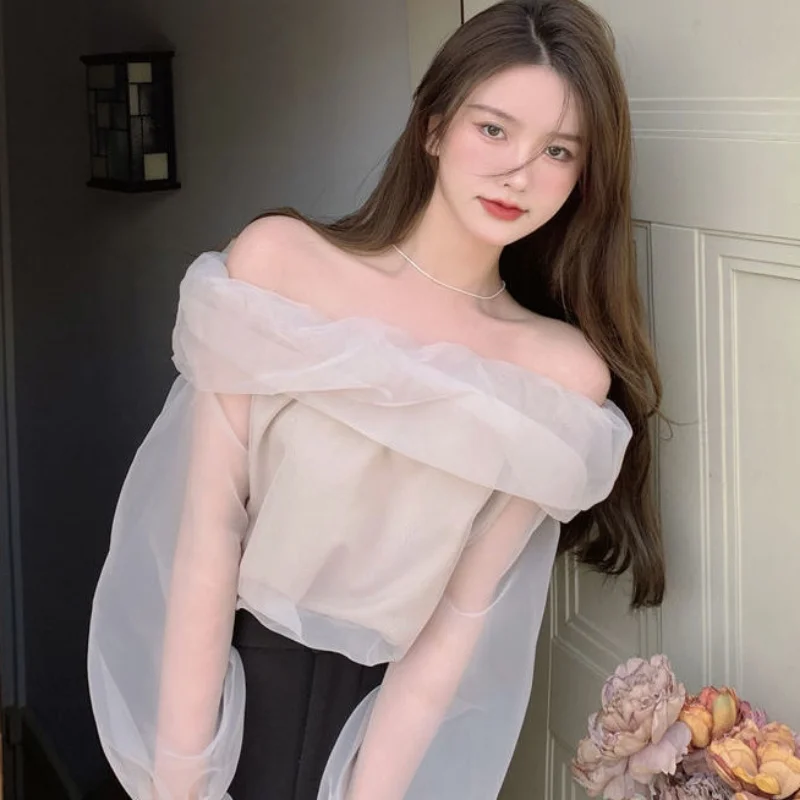 Blouses Women Mesh Slash Neck Solid Flare Sleeve Korean Fashion Style Daily Basic Sweet Design All-match Classic Summer Popular