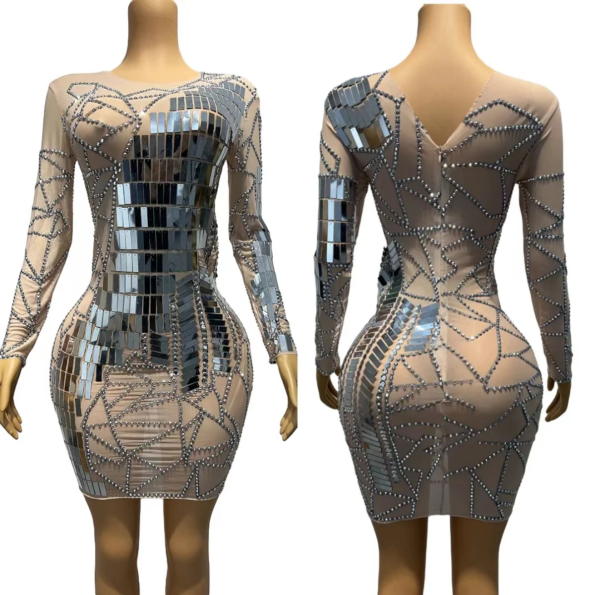 

Silver Sequins Rhinestone Sparkly Short Dress Sexy Women Long Sleeved Couture Celebrate Party Prom Event Show Outfit Yinsehuiyi