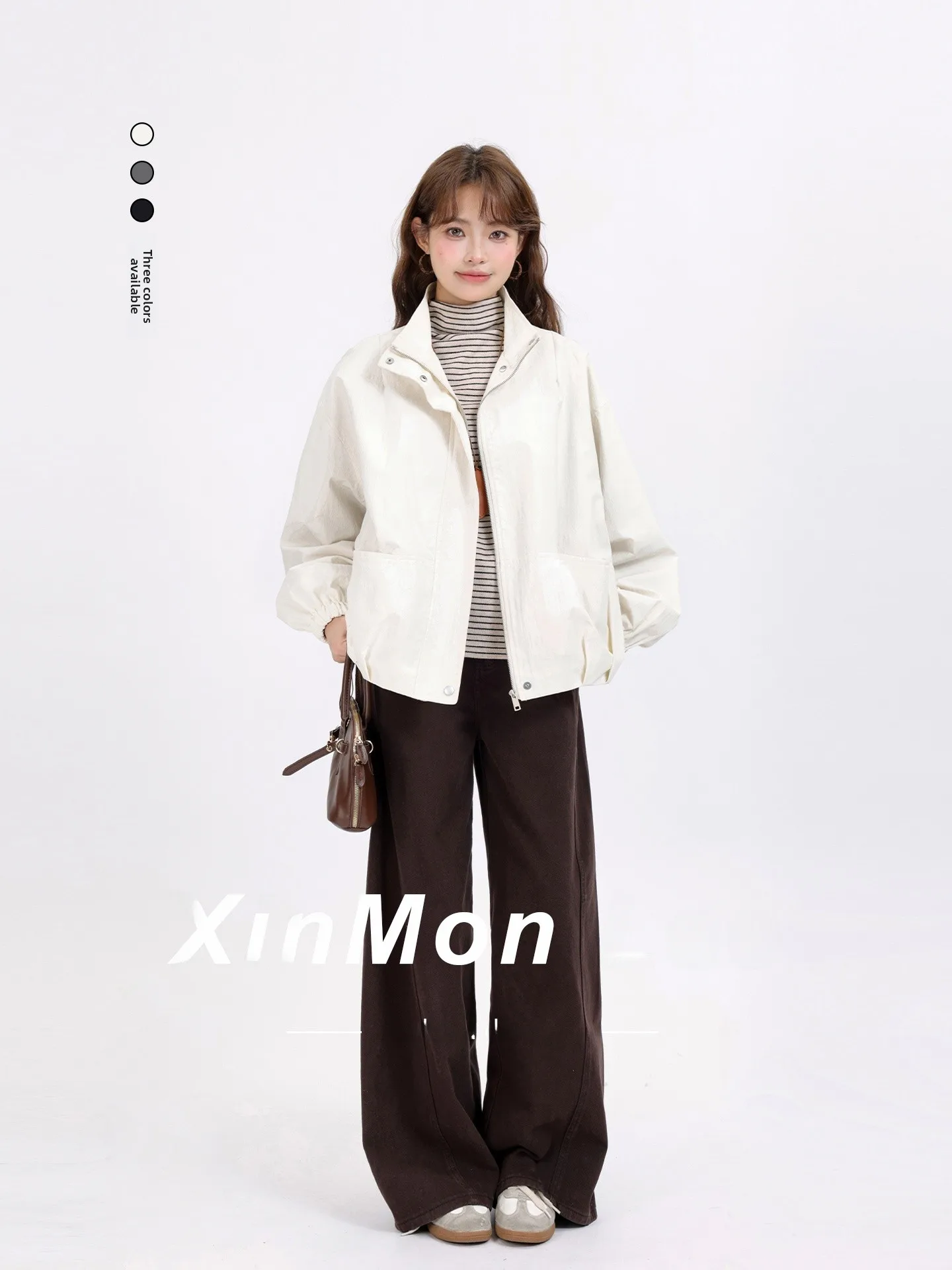 

Корейское повседневное пальто с воротником-стойкой, универсальное свободное утягивающее ленивое пальто для женщин 2023 года, осень-зима