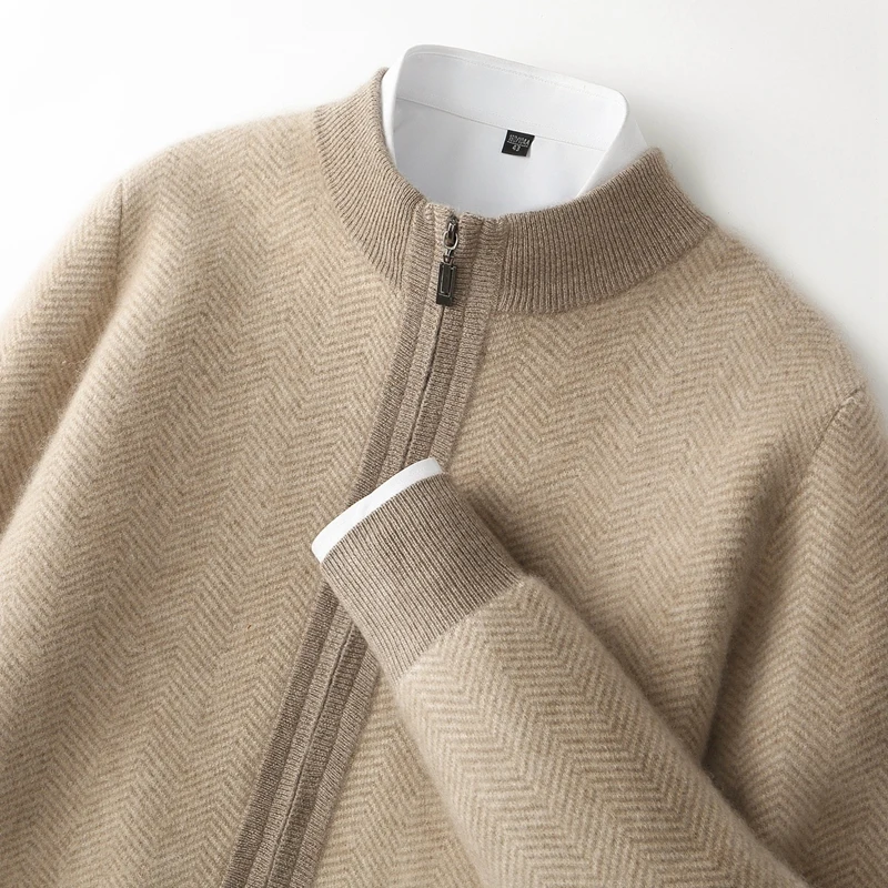 

Men Mock Neck Sweater Cardigan Pants Suit Autumn Winter 100% Merino Wool Zipper Coat Thick Warm Chevron Pattern Wool Knitwear