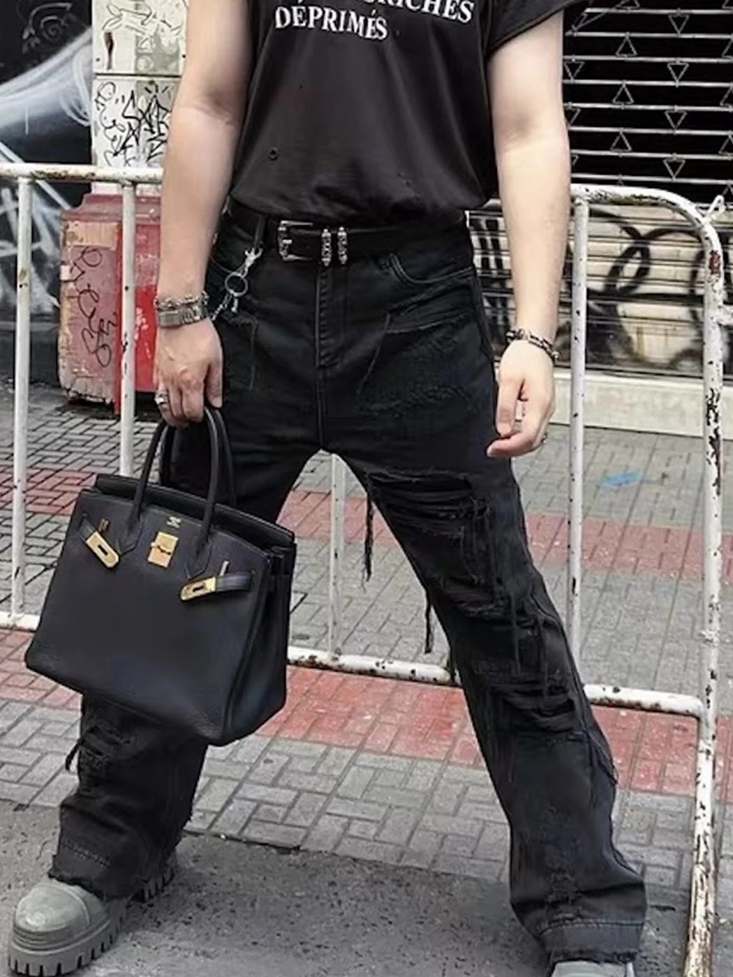 

RO Sle Handmade k Waed Distred Straight Leg Micro Flared Jeans Tear And Wear Resistant Casual Cotton Denim Pants