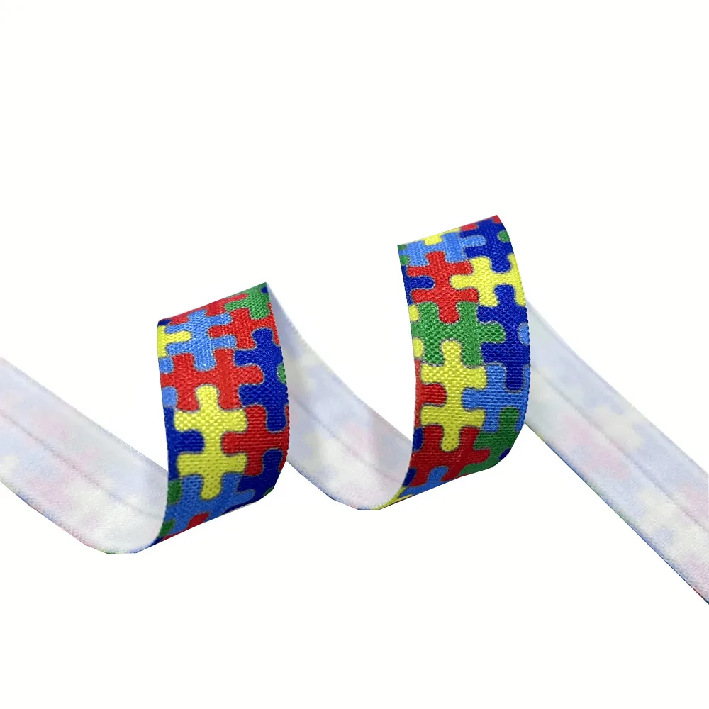 10Yard Autism Awareness Print Fold Over Elastic 15MM Colorful FOE Ribbon For DIY Headwear Gift Webbing Accessories