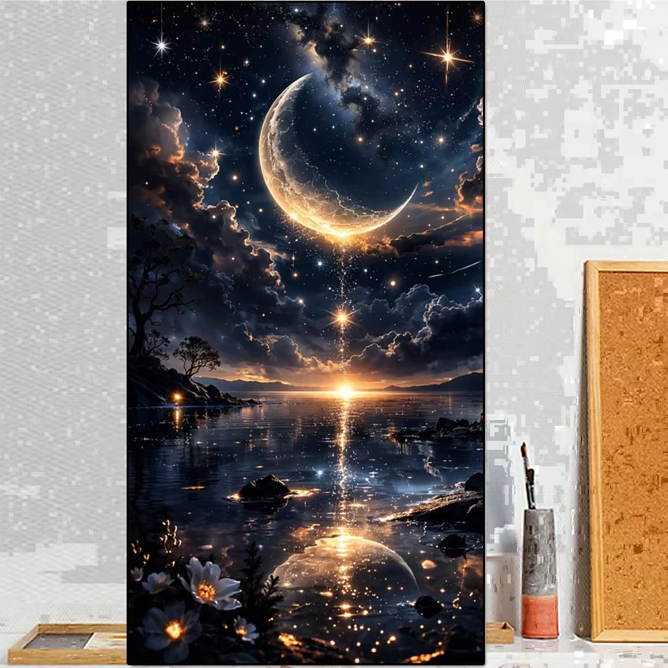 5D Diamant-Malerei Mond Wasserfall Stern Galaxie Komplettes DIY Diamant-Kunstset Fantasie Nachtlandschaft Mosaik-Stickerei Heimdekoration
