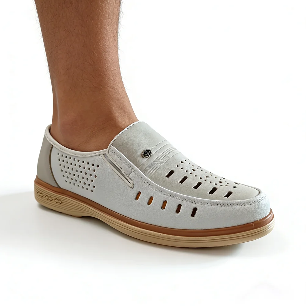 Summer Breathable Mens Genuine Leather Loafers White Slip-On Casual Business Flat Comfortable Driving Moccasins Office DX947