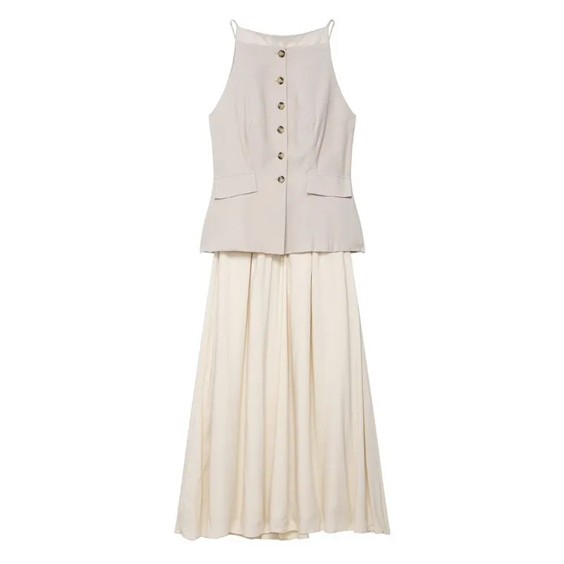 

Шикарное бежевое модное женское платье, летнее плиссированное праздничное платье без рукавов, элегантное лоскутное платье с искусственными карманами и украшением