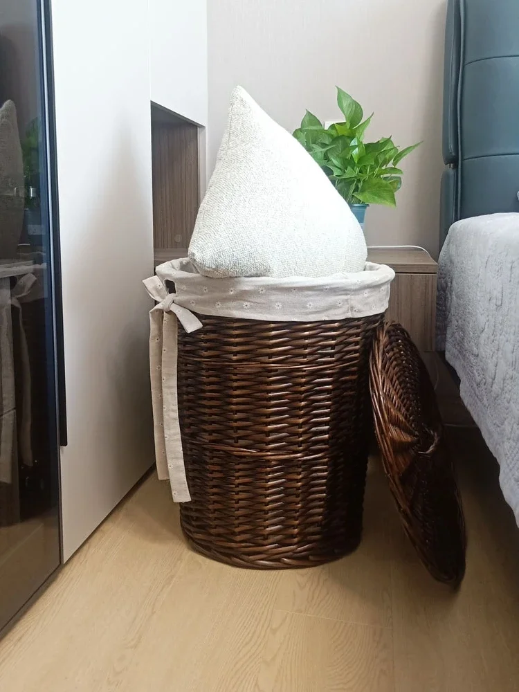 Rattan Wicker Laundry Basket Household round with Lid Storage Basket Laundry Baskets