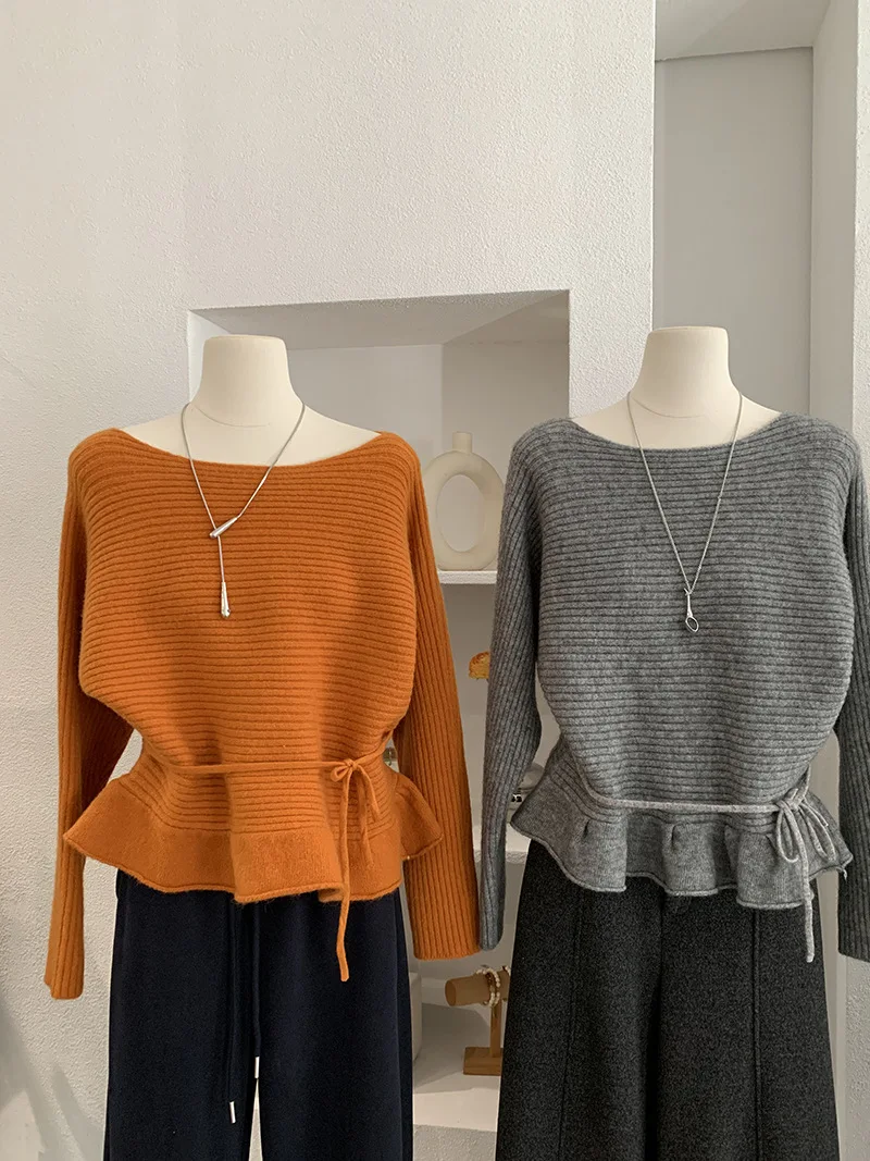 French Style Gentle Ruffles Lace Up Women's Sweater Fashion Temperament Solid Color Long Sleeve Soft Knitwear Vintage Tops