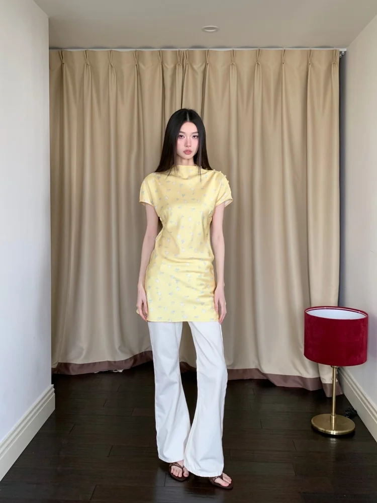 CHEERART Yellow Rabbit Animal Print Satin Short Dress For Woman Summer 2025 Short Sleeve Cute Mini T Shirt Dress Vintage Clothes