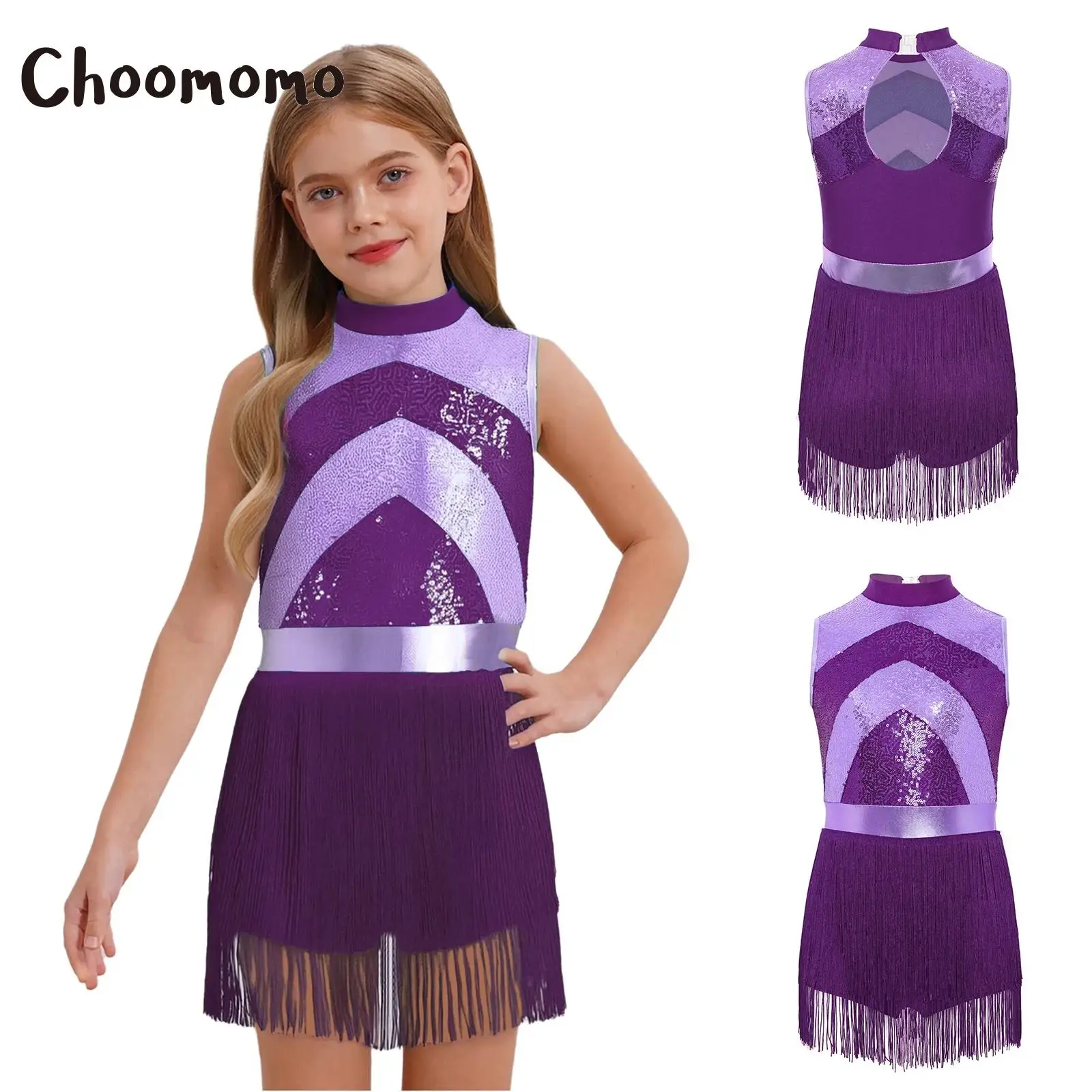 

Kids Girls Latin Jazz Dance Dress Performance Ballerina Costume Sleeveless Sequins Color Block Tassels Ballet Leotard Dresses