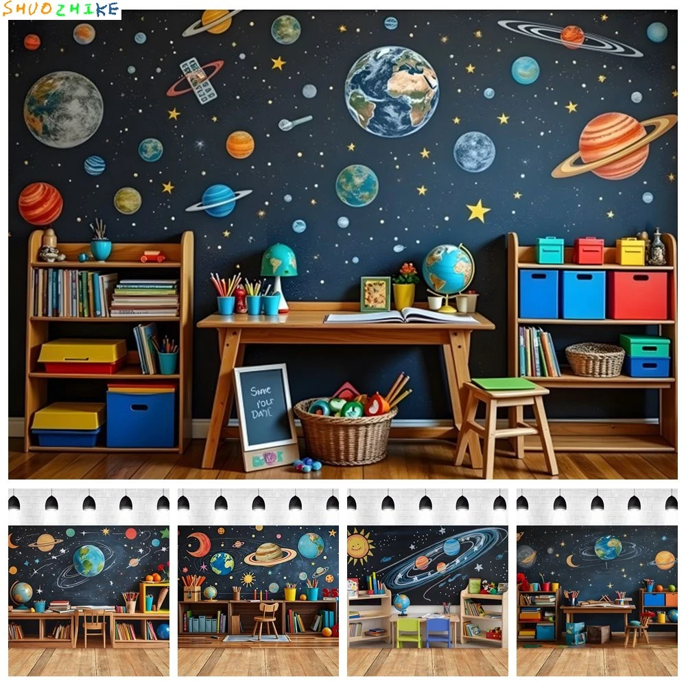 

Children Back to School Backdrop Classroom Book Pencil Blackboard Universe Planets Kids Portrait Birthday Party Photo Background