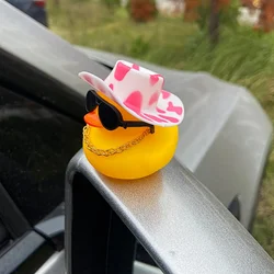 1PC cute yellow duck car ornament with pink spotted denim hat and sunglasses, car decoration, holiday gift
