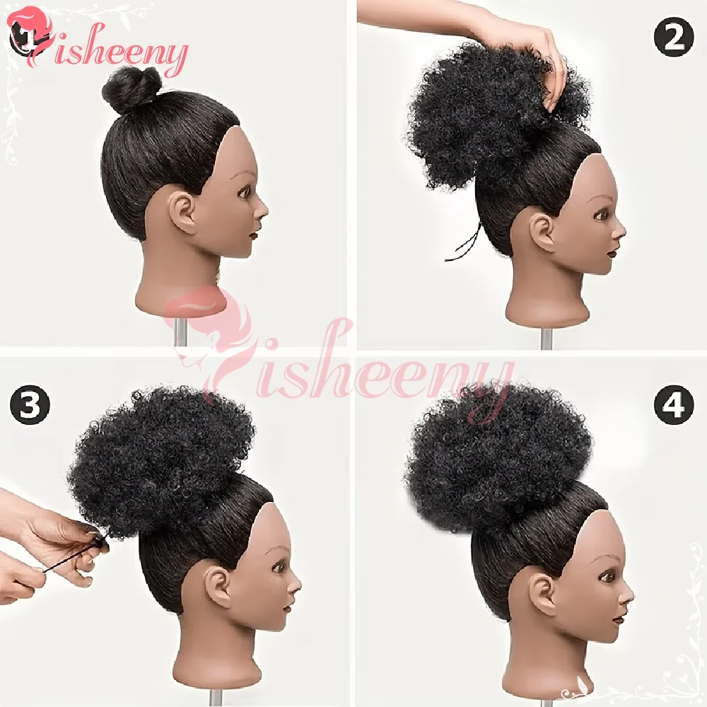 Isheeny Human Hair Afro Puff Drawstring Ponytail No‑Slip Kinky Curly Bun Breathable Anti‑Sweat Mesh Net Adjustable Drawstring Clip In Hair Piece Blend Perfectly With Natural Curly Hair For Black Women