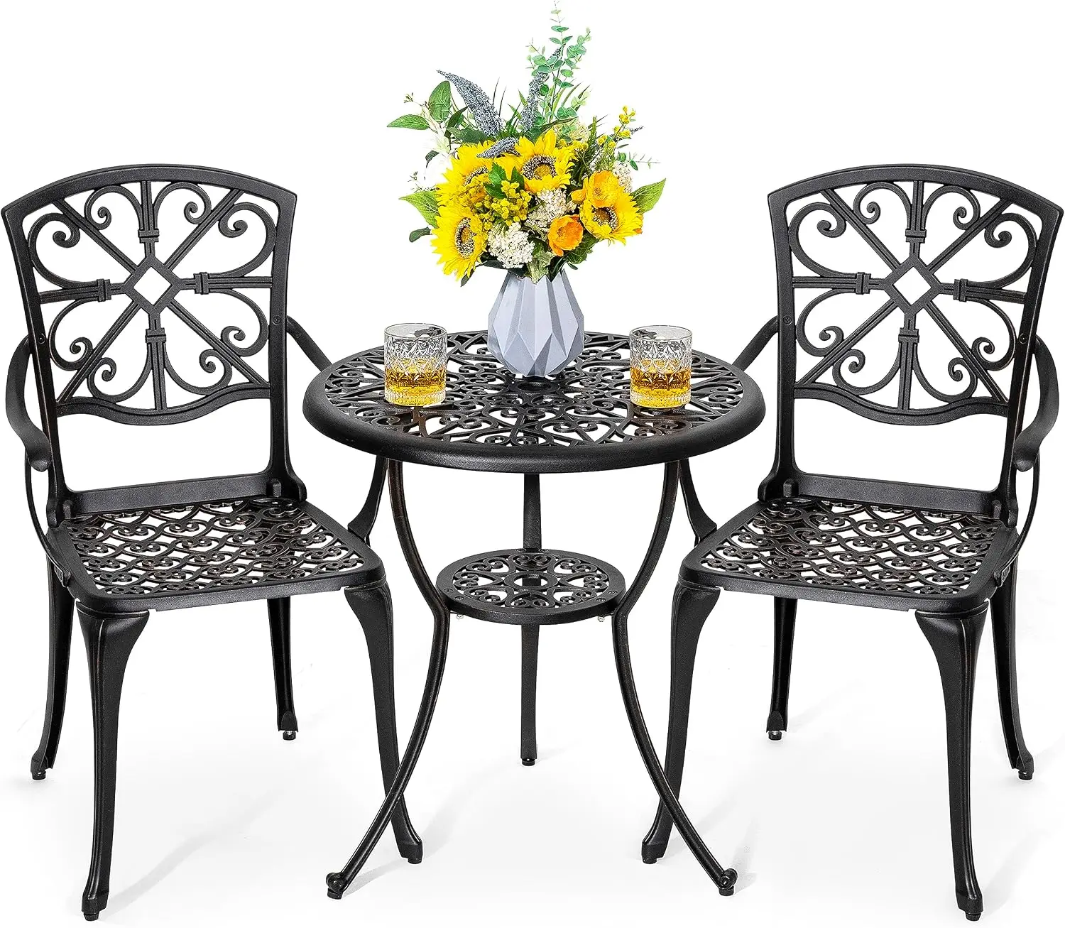 3 Piece Outdoor Bistro Set Cast Aluminum Patio Set Bistro Table Set Rustproof Patio Table and Chairs with Umbrella Hole for Backyard, Balcony, Front Porch, Black