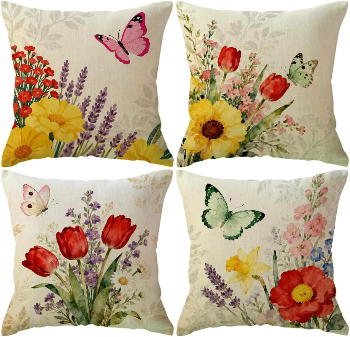 

4Pcs Spring Floral Throw Pillow Covers with Butterfly Tulip and Lavender Print Cushion Cases for Sofa Living Room Bedroom Home