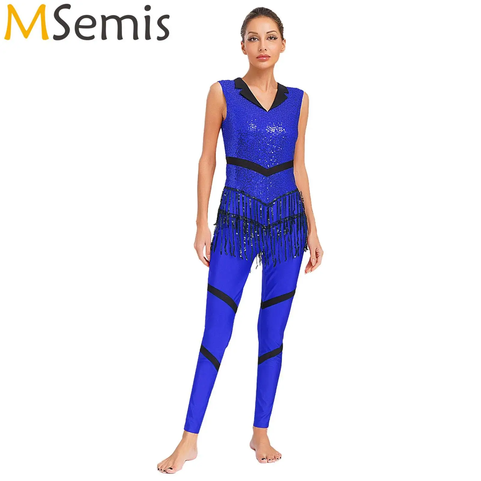

Womens Jazz Latin Line Dance Jumpsuit Cha Cha Samba Dance Practice Performance Costume Shiny Sequin Full Body Leotard Bodysuit