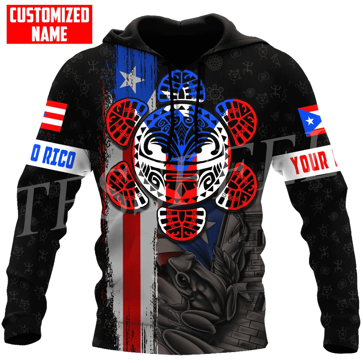 Custom Name Country Puerto Rico Boricua Taino Caribbean Sea Tattoo Retro 3DPrint Harajuku Casual Funny Pullover Jacket Hoodies M