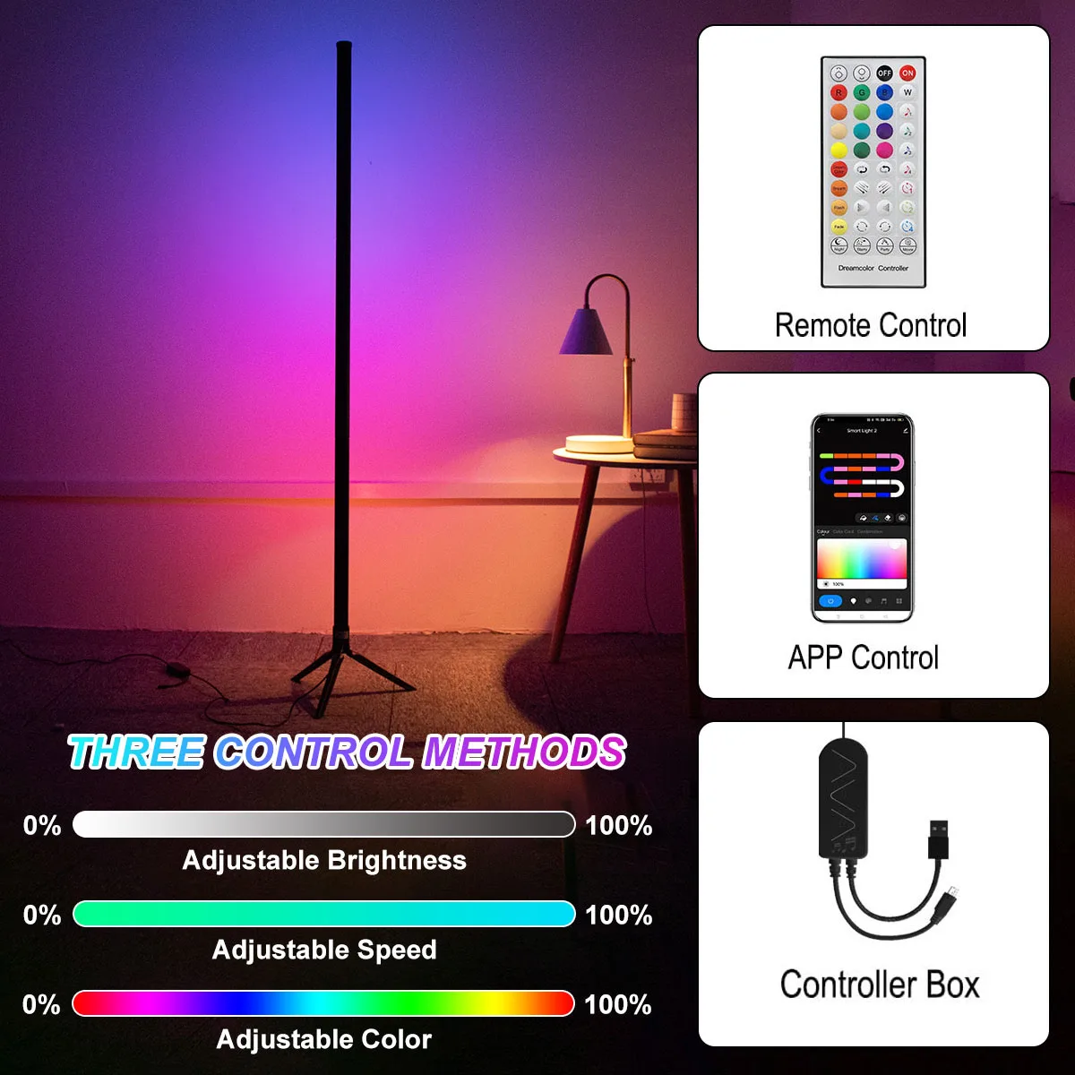 1.2m Smart Corner Floor Lamp Remote Dimmable RGB LED Strip Light Bar Tripod Standing Mood Lighting for Bedroom Gaming Room Decor