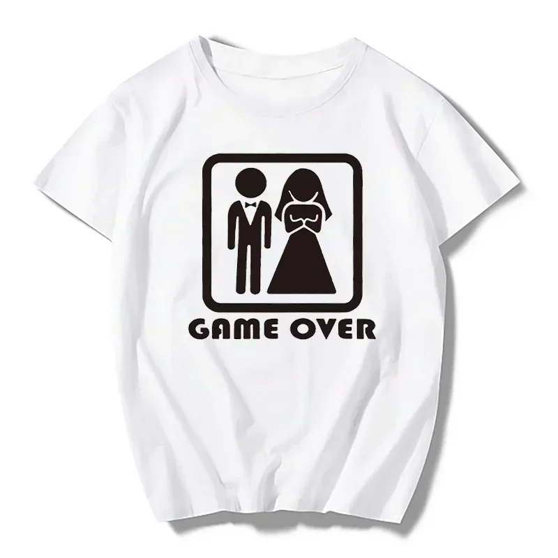 T-shirt de manga curta para homens, camisa de manga curta, game over bride, noivo, bachelorette party, engraçado, algodão, tops, 2021