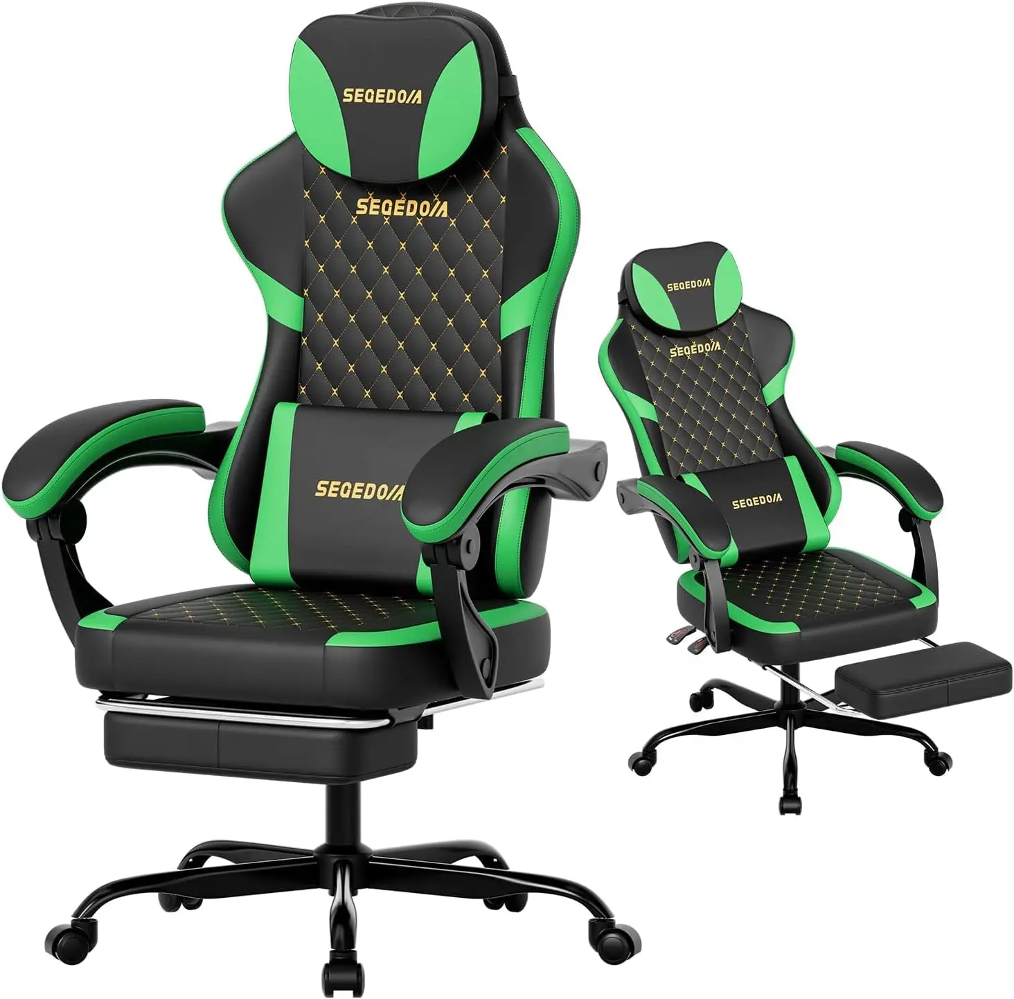 Ergonomic Gaming Chair with Footrest & Massage Lumbar Pillow, Height Adjustable 360° Swivel Computer Chair, Linked Armrest & Headrest for Office Gaming (Black Green image 3