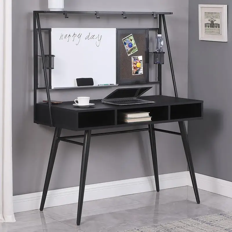 Black and Gunmetal Writing Desk with USB Ports and Storage Solutions for Home Office