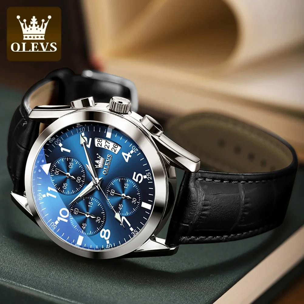 OLEVS2878 Pilot Watch for Men Auto Date Waterproof Luminous Chronograph Wristwatch Luxury TOP Leather Stap Original Quartz Watch