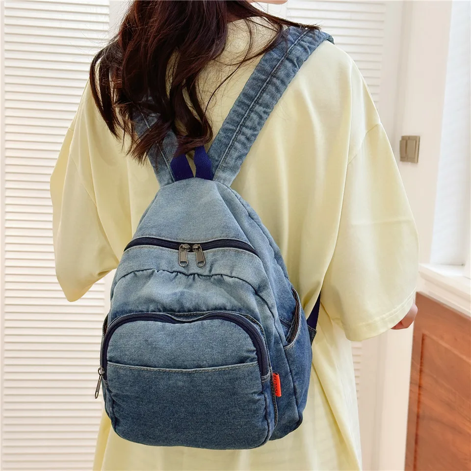 Mochila de tela vaquera con degradado para mujer, bolso de lona con hombros, Mochila Y2K, Mochila coreana para estudiantes