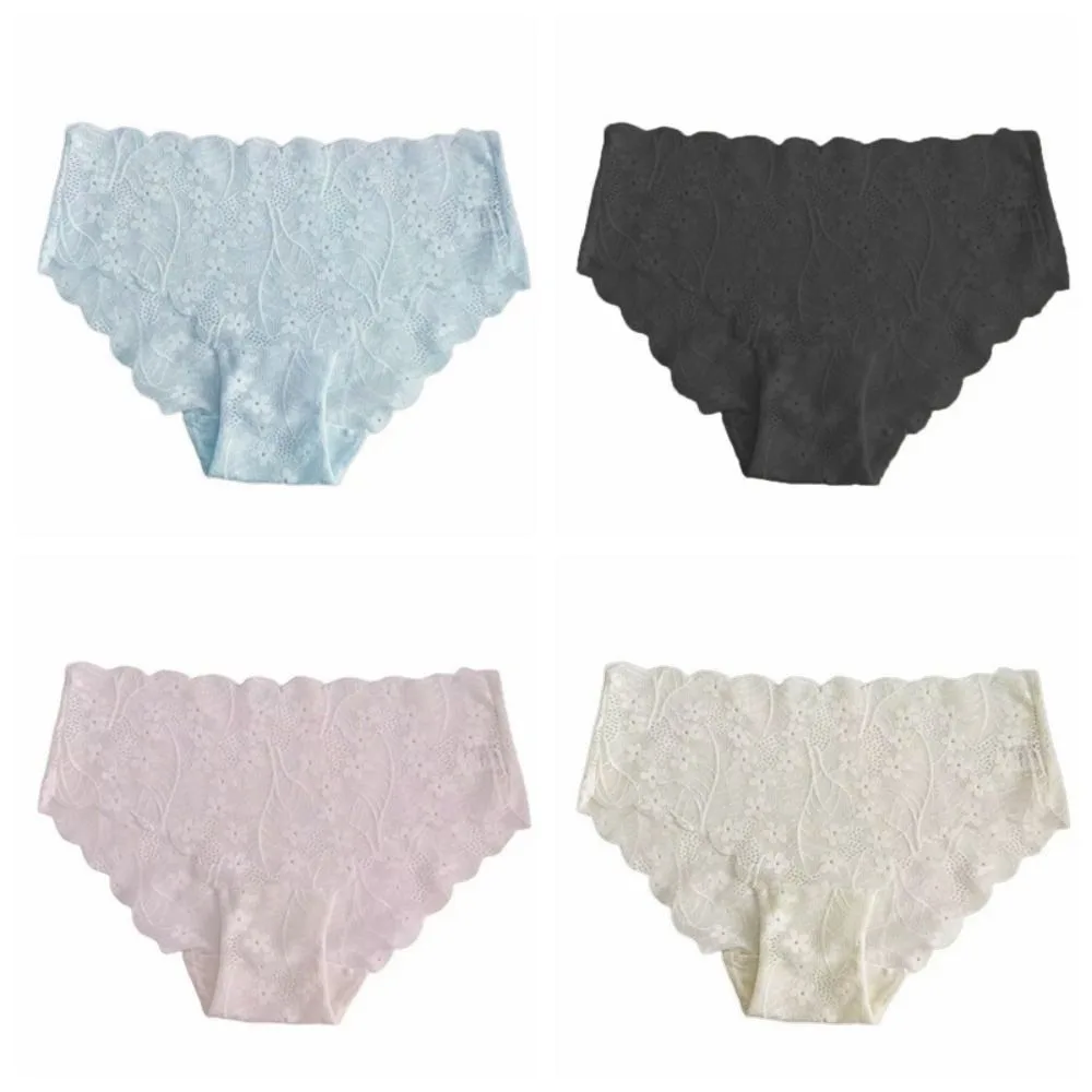 

4Pcs Fashion Mid Waist Mesh Flower Panties Thin Underpants Lace Briefs Female Lingerie Breathable Underwear for Women Daily