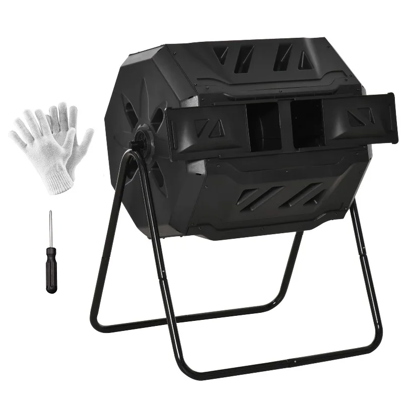 

Twin Chamber Compost Bin 360 Degree Tumbling Design 423 Gallons Capacity Steel PP Material Black for Kitchen Scraps Garden Waste