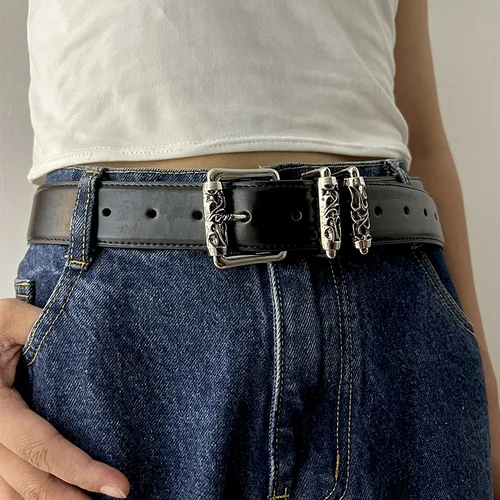 Imagen 1 del producto Cinturón de cuero de vaca a la moda para mujer, cinturón ancho de marcas de lujo de alta gama, cinturón vaquero gótico Punk con diseño de corazón para mujer