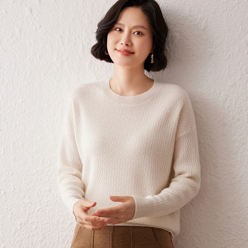 

Water Ripple Round Neck 100% Cashmere Sweater for Women, Loose Fit, Drop Shoulder, Autumn Winter Knitted Base Shirt