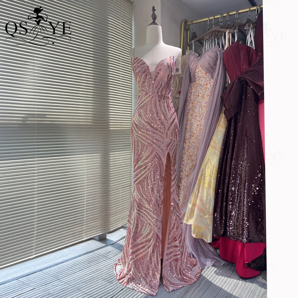 

Striped Sequin Pink Evening Dresses Spaghetti Straps V neck Long Prom Gown Glitter Pattern Sequin Lace Elegant Pink Formal Dress