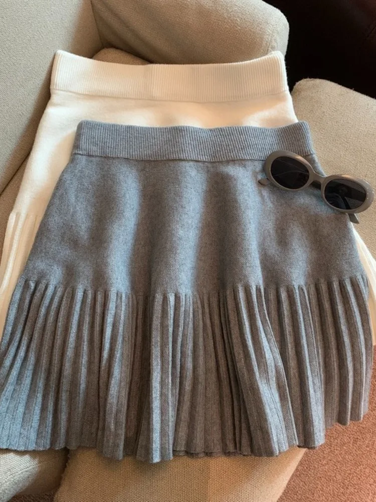 ay Knitted Pleated  Skirt Women's Autumn Winter Thiened Wrap around Skirt Soft Comfortable High Waist A-Line Skirt