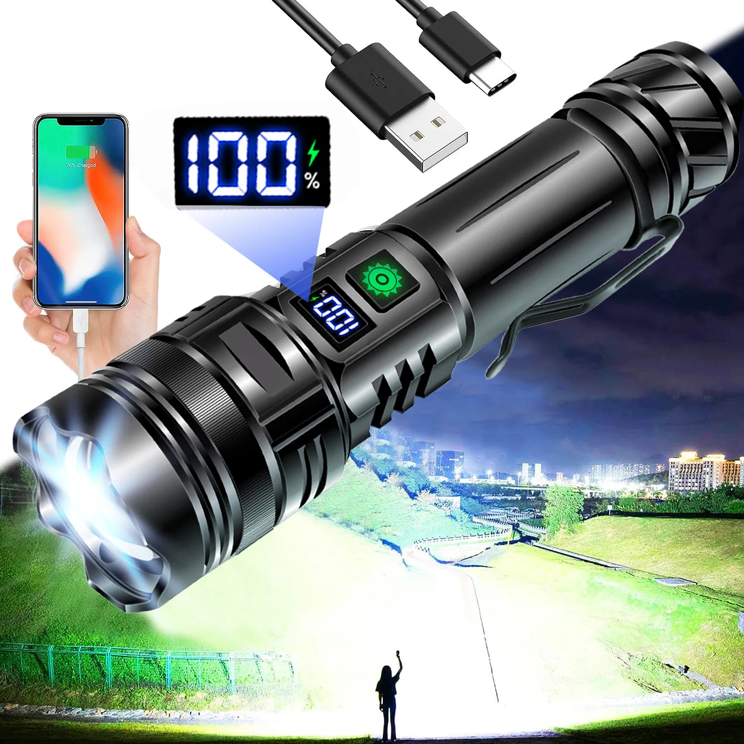 

Powerful LED Flashlight Super Bright Rechargeable Ultra Power Torch lamp Outdoor Emergency Camping Lantern Tactical Flashlight