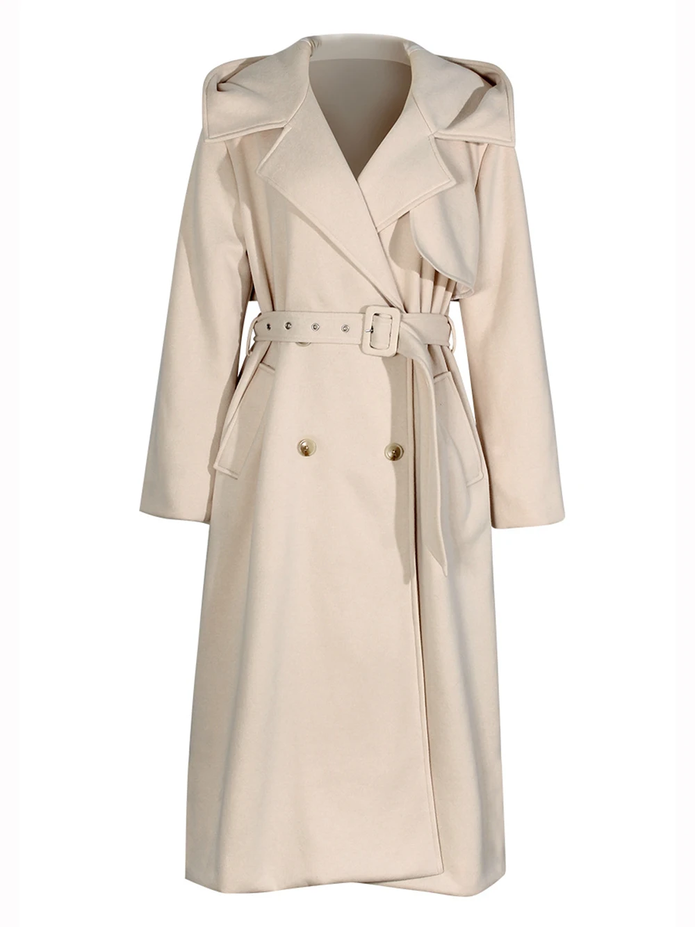 

Modphy Fleece Hooded Loose Trench Coat Midi Length Fashion Elegant Women's Windbreaker Coat Casual Double Breasted Belt Tops