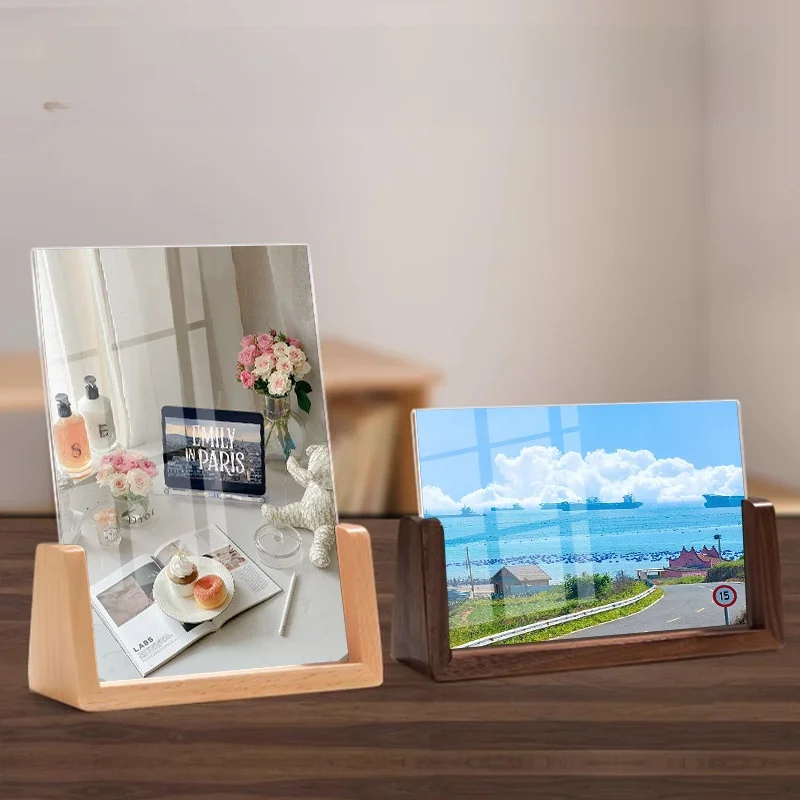 Modern Minimalist Walnut Wood Acrylic Photo Frame U-Shaped Stand 6 Inch Rectangle Home Decorative Item for Wedding Photos