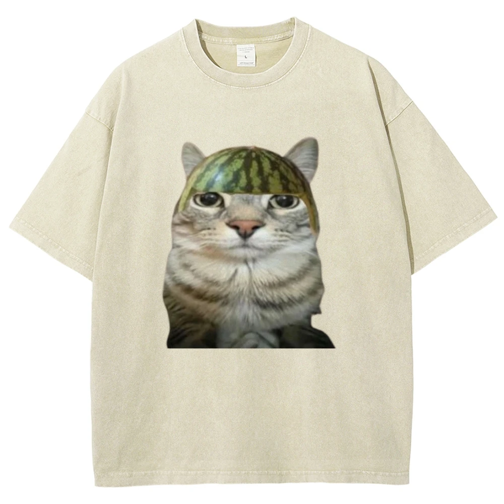 แตงโมแมว Silly Cat Meme เสื้อยืดขนาดใหญ่ Unisex TOP ผู้ชายผู้หญิง Harajuku กราฟิกผ้าฝ้าย T เสื้อ Streetwear