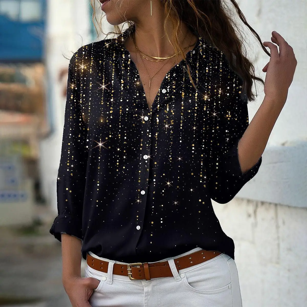 

New Gradient Printed 3D Loose Women's Long-sleeved Shirt Tops Casual 2023 Cross-border Sequins Autumn and Winter