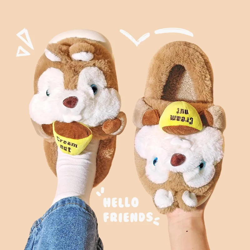 Cute Animal Cotton Slippers Women Winter Squirrel Home Couple Indoor Warm Soft with Thick Sole Fluffy Cotton Shoes Men