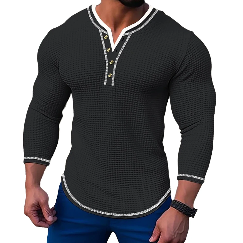 

Casual Man Waffle T-Shirt Buttons Henley Collar Long Sleeve Solid Color Pullover T Shirt For Men Tees Tops Clothing
