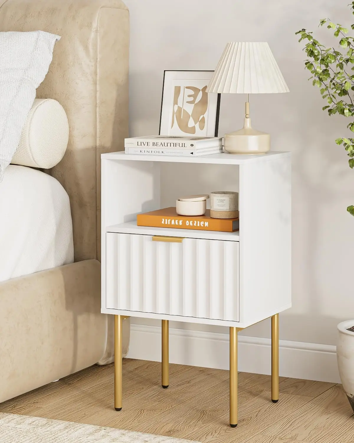 

Nightstand,Bedside Table with Gold Frame,White Night Stand,Bedside Furniture, Modern Side Table with Drawer and Shelf for Bedroo