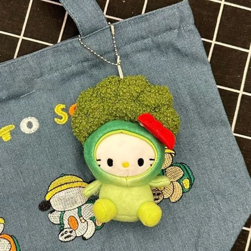 Kawaii Broccoli Hello Kitty Plush Pendant Cartoon Fried Shrimp Sanrio KT Cat Stuffed Doll Keychain Car Key Ring Bag Decor