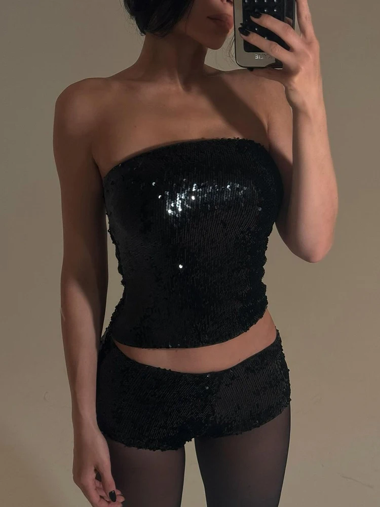 Nibber Pailletten Sexy Damen 2-teiliges Set Sexy Glitzer Y2K Chic Trägerloses Mini Tops + Shorts Passende Clubwear Mitternachtsparty-Outfits